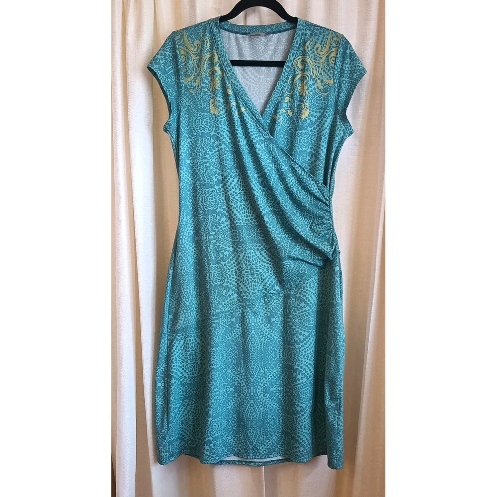 Athleta A-Line Dress Women's Teal/Yellow Print Faux Wrap Ruched Stretch Size L - Picture 1 of 5